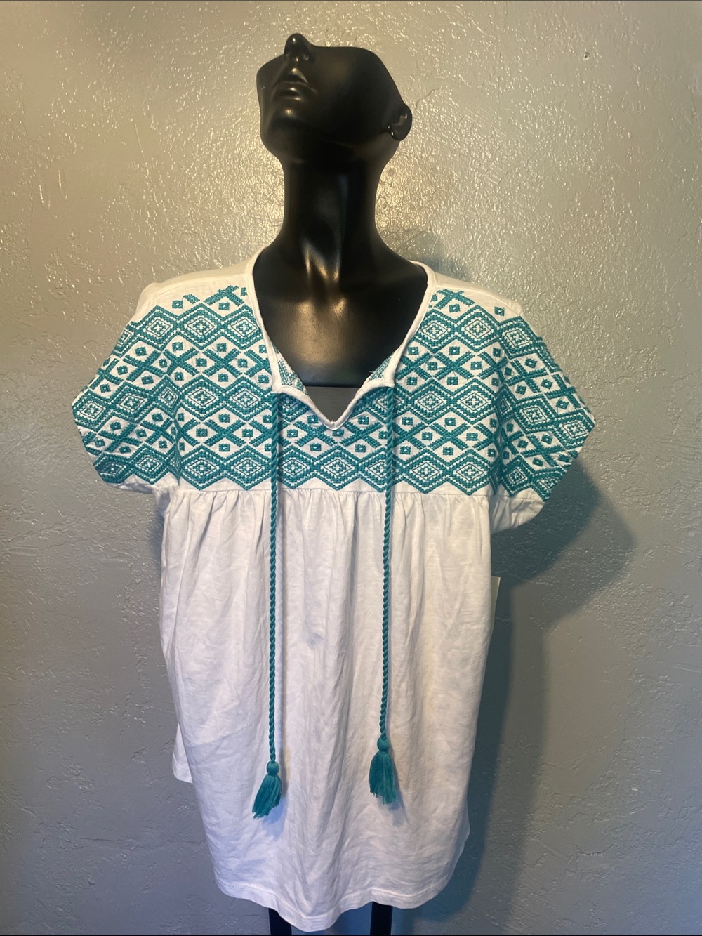 Embroidered White Peasant Top with Teal Accents cotton